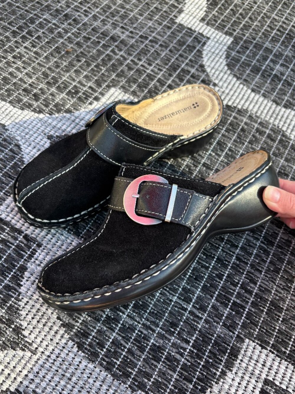 Naturalizer Black Suede Leather Upper Silver Buckle Mule Clog Size 6